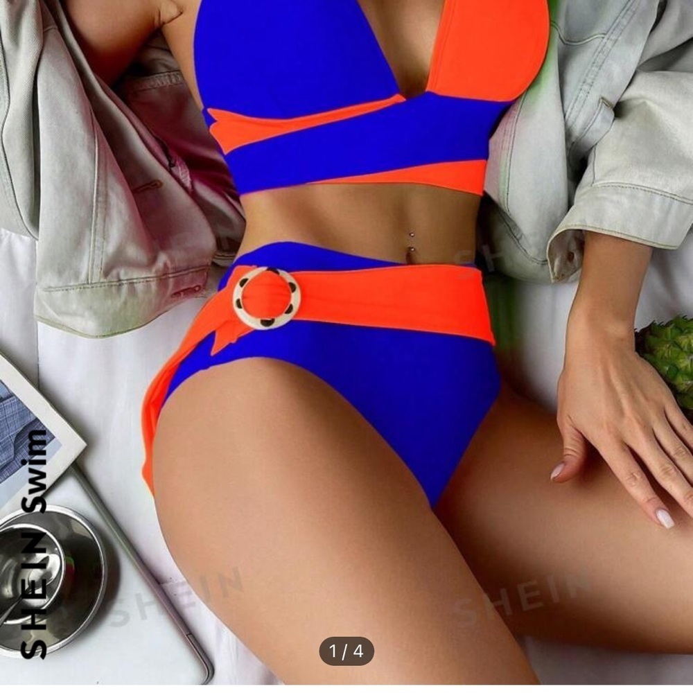 NWOT Shein Blue & OrangeColorblock Two Piece Swimsuit Size Small